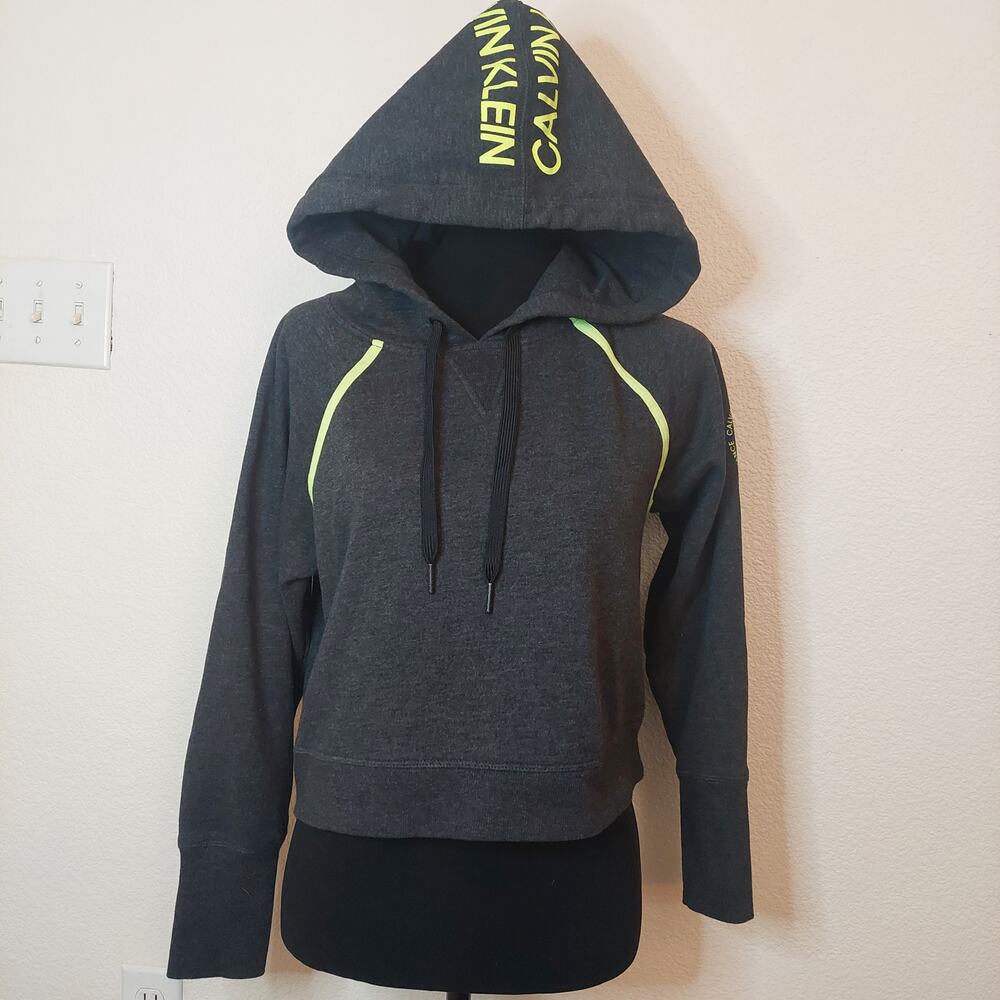 Calvin Klein Performance Cropped Hoodie - Gray & Neon Green - Size Small